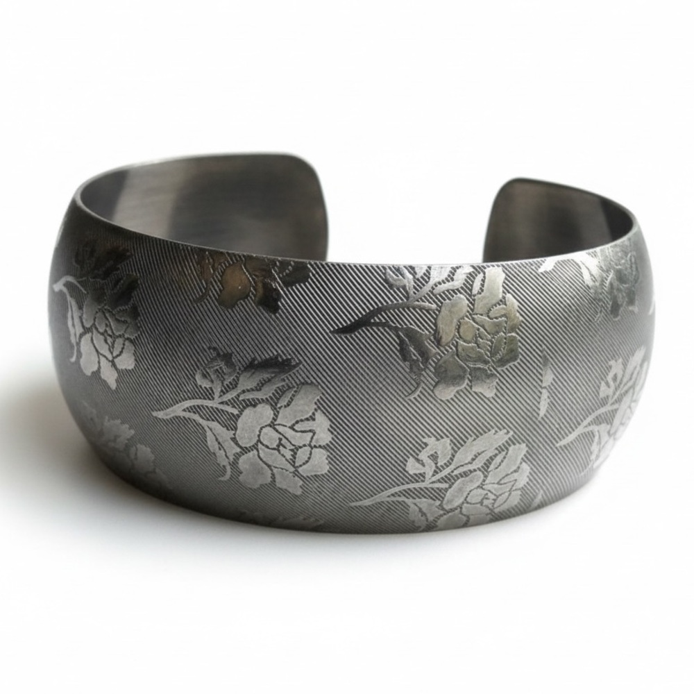 Vintage Etched Rose Floral Wide Metal Cuff Bracelet - Picture 2 of 14
